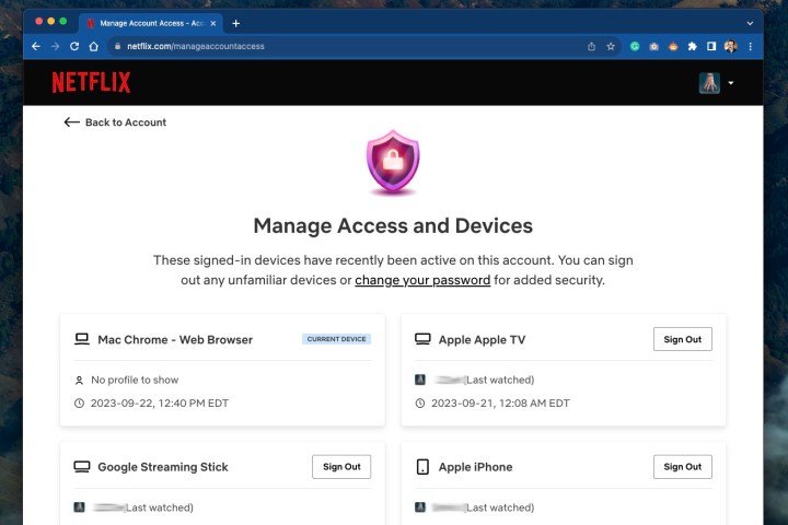 The Manage Access and Devices screen in Netflix on the web.